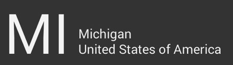 The letters "MI" are large and on the left side. To the right, in a smaller font size, the word "Michigan" sits above the words "United States of America"